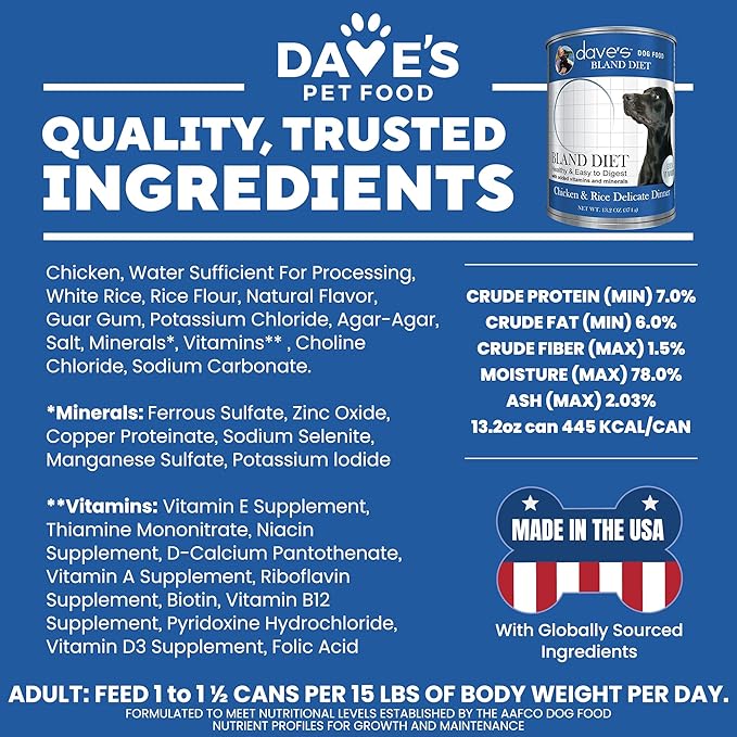Dave's Pet Food Bland Diet Dog Food (Chicken & Rice), Sensitive Stomach, Easy to Digest, Gluten-Free, Digestive Care, Wet Canned, 13.2 oz (Case of 12)