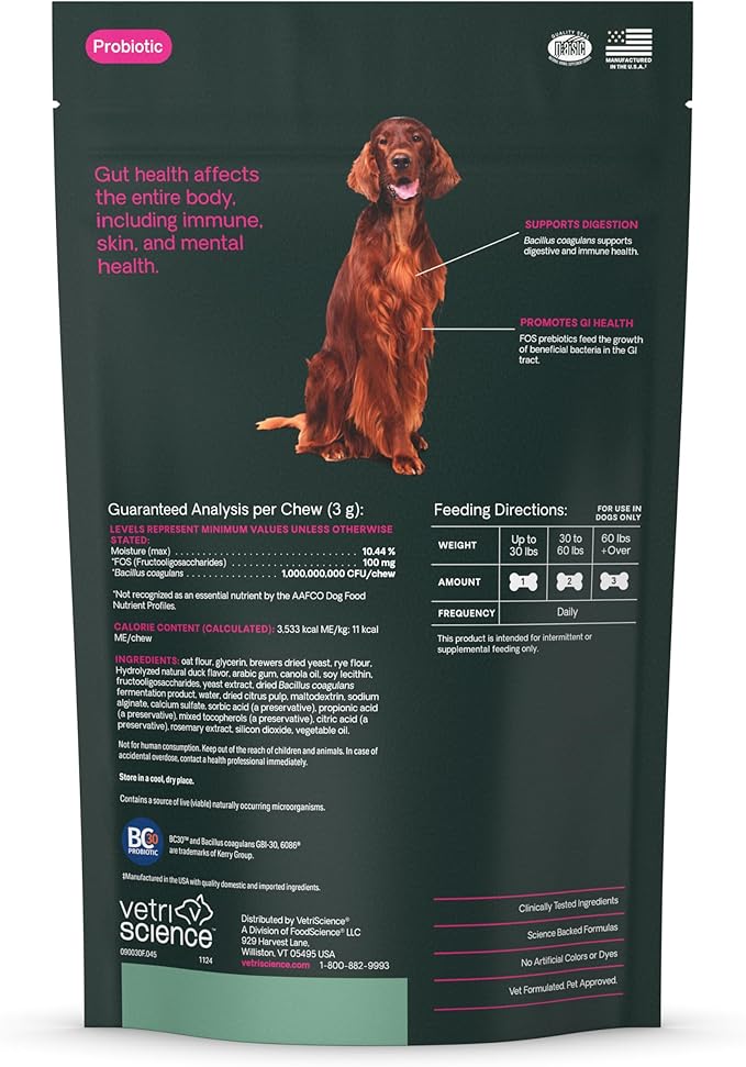 VetriScience Gut Health Chews, Probiotic Everyday Digestive Supplement for Dogs, Pet Probiotics for Digestion Support, Gas and Diarrhea, Immune Support, 1 Billion CFU Per Chew, Duck, 45 Count