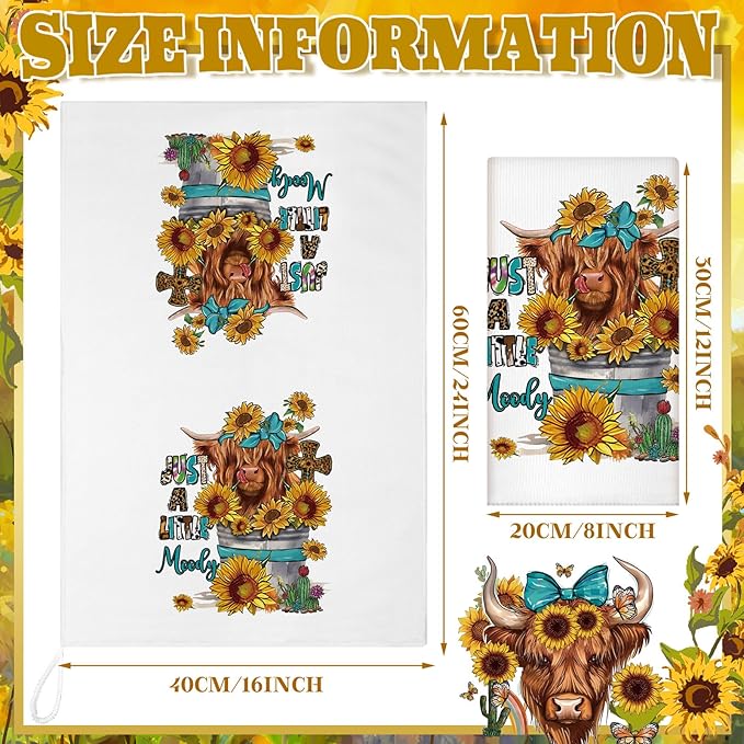 TecUnite 6 Pcs Highland Cow Kitchen Towels Set Funny Highland Cattle Tea Towels Absorbent Sunflower Dish Towels Western Farm Cattle Hand Towel for Cleaning Drying Women Mom Housewarming Gifts Decor