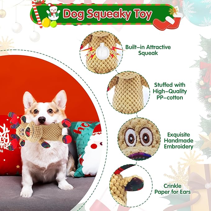 Christmas Dog Toys, Plush Squeaky Dog Toy with Crinkle Paper, Cute Christmas Puppy Toys with Cotton, Durable Interactive Dog Chew Toys for Puppy Small Medium Large Breed