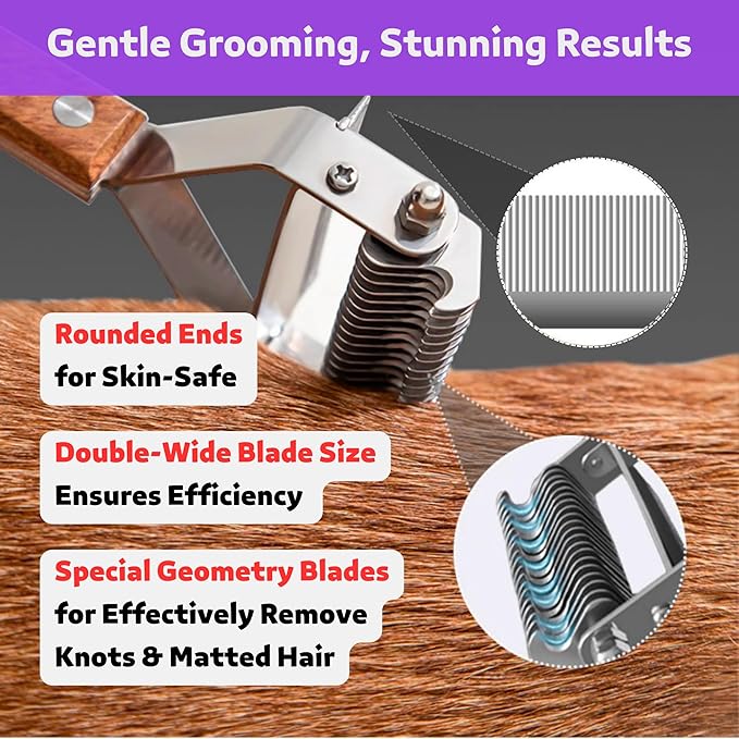 2 in 1 Undercoat Rake for Dogs and Cats, Professional Grooming Brush Dematting & Shedding Comb to Remove Loose Hair, Matted Fur Efficiently, Perfect for Poodle, Doodle & All Long Haired Pets