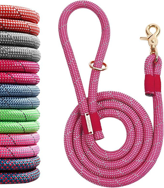 Nylon Rope Dog Leash Reflective, Handmade Braided Strong Dog Lead, Heavy Duty Rope Leash for Medium Large Dogs (5 FT - 3/5" Rose Red)