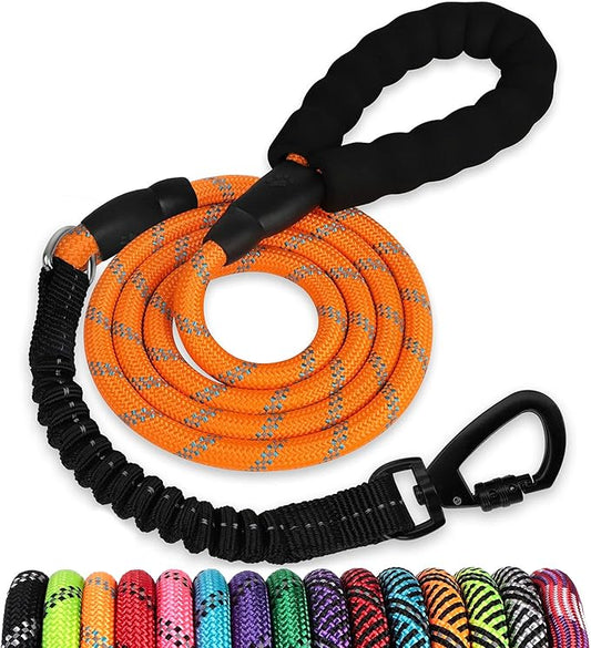 Rope Dog Leash 5 FT: Heavy Duty Leashes with Swivel Lockable Hook Reflective Threads Bungee and Padded Handle - Dog Lead for Large Small Medium Dogs Outside Walking Hiking Orange
