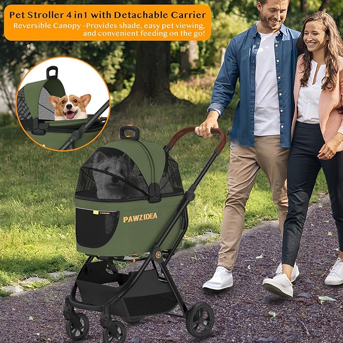 PAWZIDEA Pet Stroller 4 in 1, Dog Strollers with Detachable Carrier No-Zip Canopy, Portable Pet Crate for Car Seat Travel, Foldable & Lightweight Jogger for Small/Medium Dogs and Cats, Storage Basket