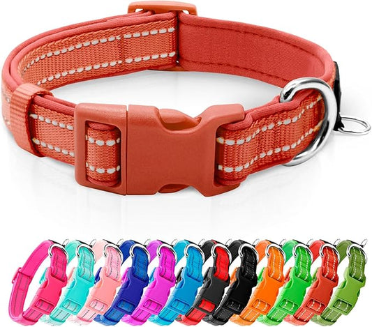 azuza Reflective Dog Collar, Soft Neoprene Padded Pet Collar with ID Tag Ring, Adjustable for Medium Dogs,Rust Red,M