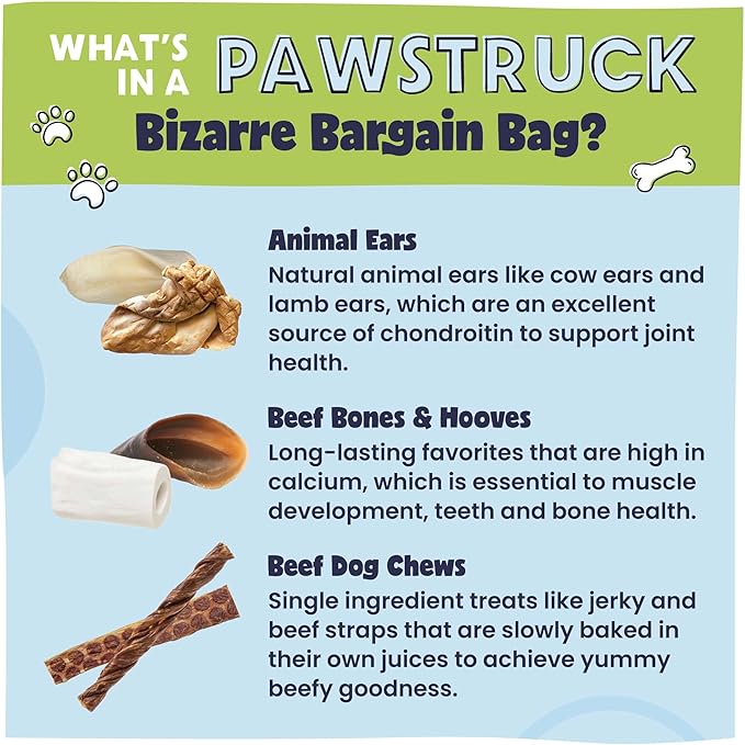 Pawstruck Bizarre Bargain Bag Assorted Natural Dog Chew Treats - Animal Ears, Jerky, Bones, Hooves, Beef Straps - Long Lasting Rawhide Alternative for Chewers, All Breeds - 1 lb, Packaging May Vary