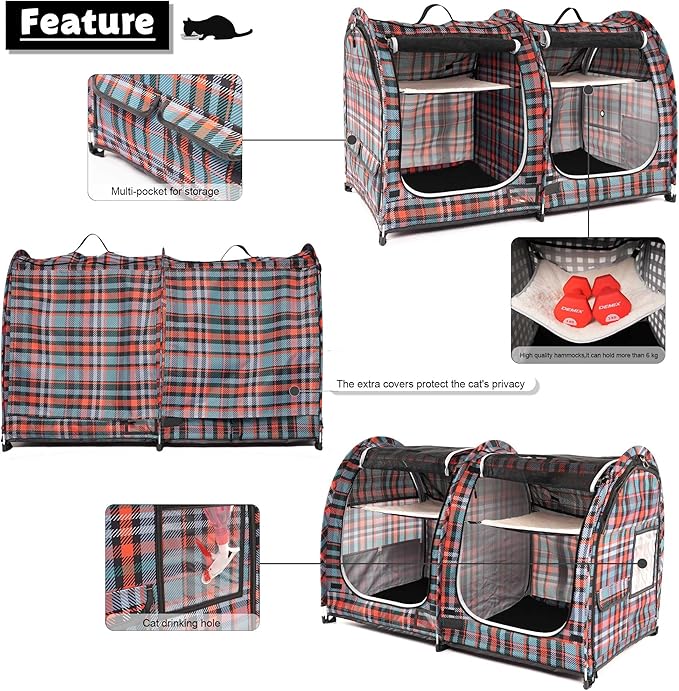 Mispace Portable Twin Compartment Show House Cat Cage/Condo - Easy to Fold & Carry Kennel - Comfy Puppy Home & Dog Travel Crate with Carry Bag/Two Hammocks/Mats and Collapsible Litter Box