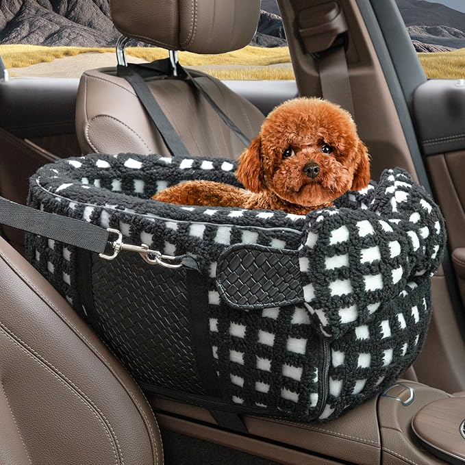 Dog Car Seat for Small Dogs, Center Console Dog Car Seat, Comfortable Pet CarSeat, Portable Pet Booster Seats with Safety Belt and Soft Cushion, Puppy CarSeats for Dogs & Cats Under 15 lbs