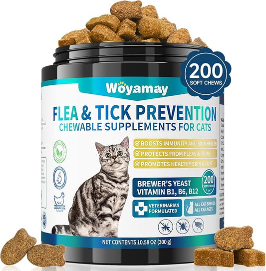 Flea Treatment for Cats, 200 Treats Flea and Tick Prevention for Cats Chewables, Natural Cat Flea and Tick Treatment Chews Daily Oral Flea Supplement, Kitten Cat Flea Treatment, Chicken Flavor