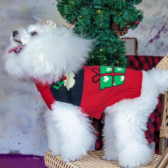 CuteBone Christmas Dog Sweater for Small Medium Dogs X-mas Knit Puppy Sweater Turtleneck Pet Winter Clothes Cat Apparel with Harness Hole