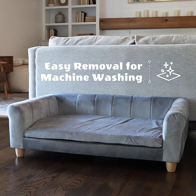 Critter Sitters 42-In. Elegant Gray Faux-Velvet Rectangular Large Dog Bed for Medium and Large Dogs, Durable Elevated Dog Beds, Comfortable Dog Couch, Modern and Stylish Plush Sofa for Dogs