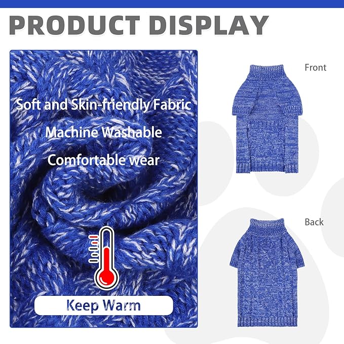 KOOLTAIL Dog Sweater for Large Medium Small Dogs, Fall Dog Sweaters, Turtleneck Cable Knitwear Pet Cold Weather Coats with Leash Hole, Warm Winter Pullover Clothes for Bulldog, Yorkie,Boy Girl, Blue L