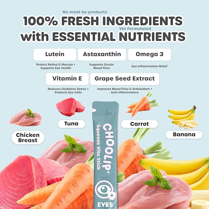 Choolip Squeeze Vita Stick Lickable Cat & Dog Treats – 14 Sticks (2×7 Value Bundle) Eye Support, Creamy Grain-Free Puree with Lutein, Astaxanthin, Omega 3 & Vitamin E for Vision & Ocular Health