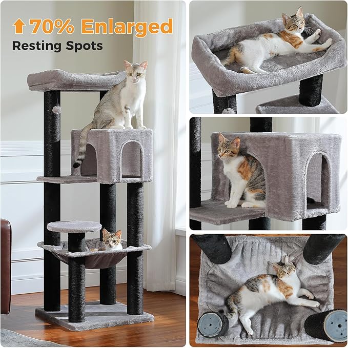 Large Cat Tree for Indoor Cats Large Adult, 57.8" Heavy Duty Cat Tower with 4 Reinforced Scratching Posts (φ3.7in) and Plush Larger Hammock for Maine Coon & Big Cats, Supports 30lbs, Black