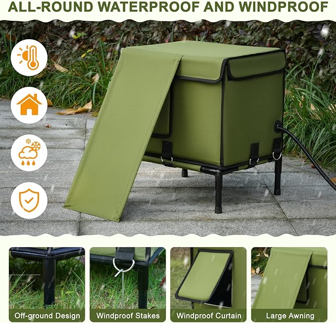 Palopalo Dewproof Heated Cat House for Outdoor Winter, Insulated Discreet Pet Shelter with Waterproof Heating Pad & Escape Door for Feral, Stray, Barn Kitty Cats (Army Green, 16.5"x12.5"x17.7")