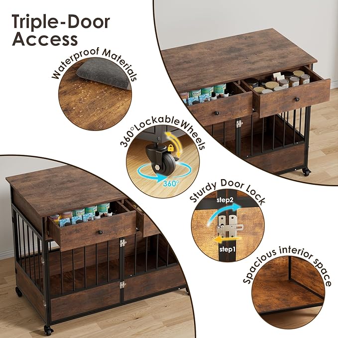 44.5" Dog Crate Furniture, Wooden Dog Kennel with Storage Drawers, Large Dog Cage with Wheels, Heavy Duty Wooden Dog Crate End Table with Steel Tubes for Big Breed