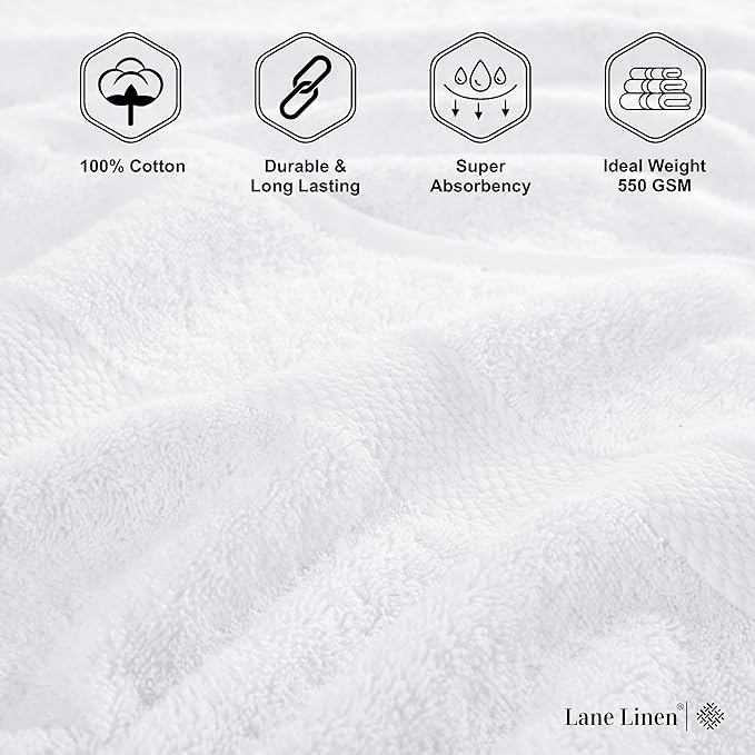 LANE LINEN 100% Cotton Luxury Bathroom Towel Set - 6 Pieces - Super Soft, Fluffy & Highly Absorbent - 2 Large Bath Towels, 2 Washcloths, 2 Hand Towels - Complete Family Pack - White Bath Towel Set