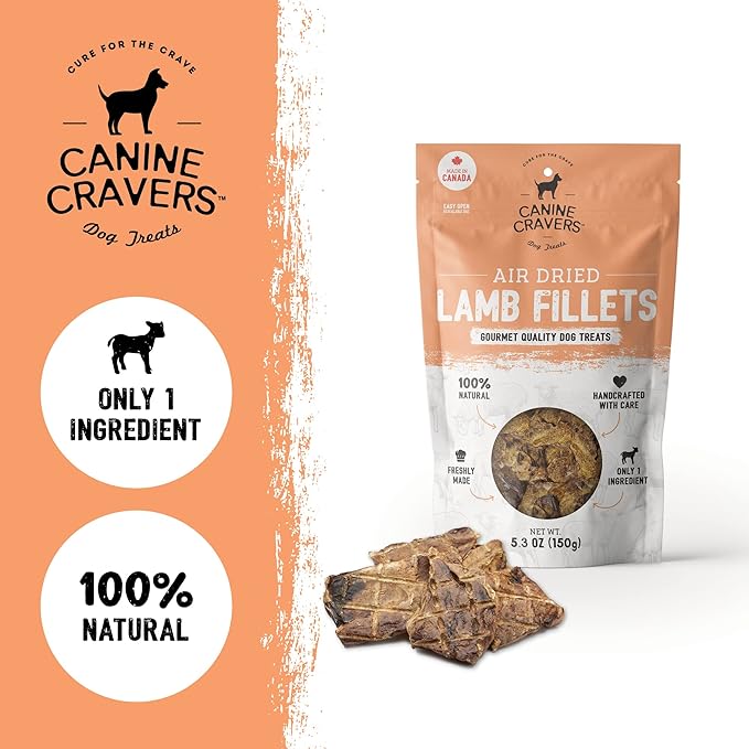 Canine Cravers Single Ingredient Dog Treats – Premium Lamb Fillets - Human Grade Air Dried Hypoallergenic Pet Food – Grain, Gluten, and Soy Free – 100% All Natural – 5.3 oz (Pack of 2)