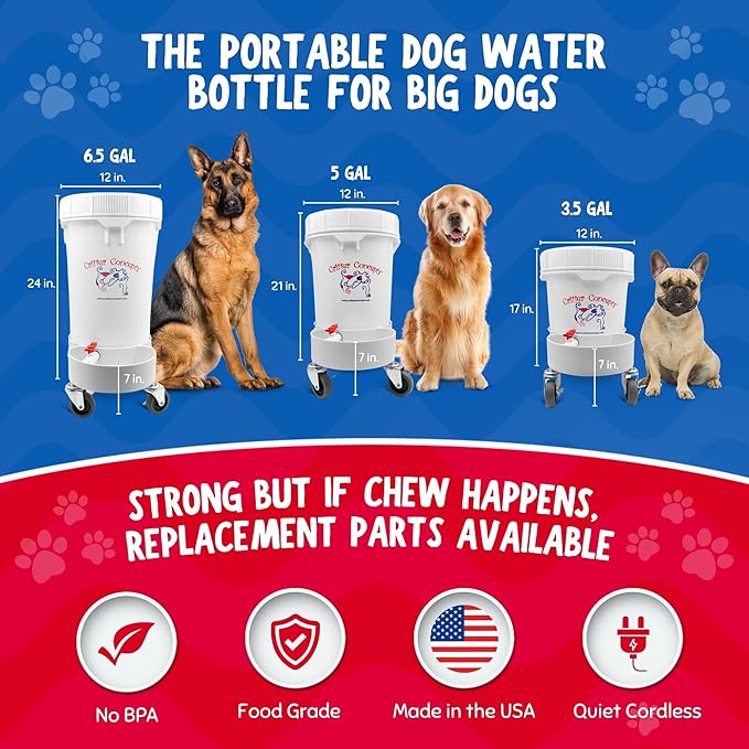 Pet Gravity Water Dispenser: 5 Gallon. for Dogs, Cats, Goats, Small Animals. Quiet, No BPA and Made in USA. Ideal Dog Bowl Large Breed. Best Automatic Waterer.