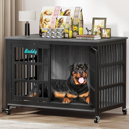 EasyCom 48"/42"/33" Dog Crate Furniture with Name Tag, Heavy Duty Dog Kennel Indoor for Large Dogs, Escape-Proof and Chew-Proof Dog Cage for high Anxiety Dog, Decorate House as TV Stand, End Table