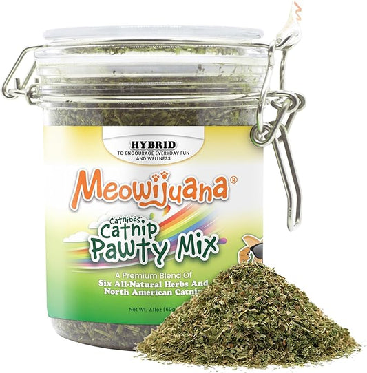 Meowijuana Catnibas Catnip Pawty Mix Jar | Premium Cat Nip for Cats with Silvervine, Passion Flower, Chamomile, Dandelion & Valerian Root | High Potency Catnip | 60g