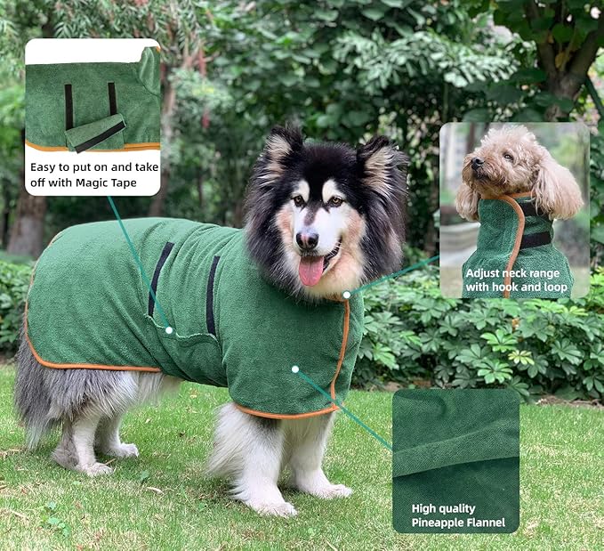 Dog Drying Coat Bathrobe Towel, Microfibre Material Fast Drying Super Absorbent Dog Bath Robe, Pet Quick Drying Moisture Absorbing with Adjustable Collar and Waist