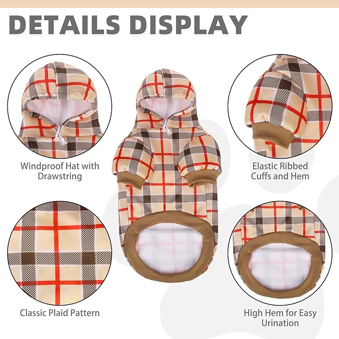 KOOLTAIL Plaid Dog Hoodie for Small Medium Large Dogs - Pet Clothes Sweater with Hat and Pocket for Cold Weather Winter, Warm Soft Dog Hooded Sweatshirt Coat Outfit for Puppy Cats Girls Boys Beige SM
