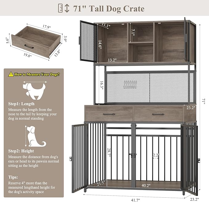 HITHOS 71" Tall Dog Crate Furniture, Indoor Dog Kennel with Hutch, 42" W Dog Cage for Large/Medium Dogs, Wood Dog Crates with 2 Storage Drawers, Heavy Duty Pet House, Ash Grey