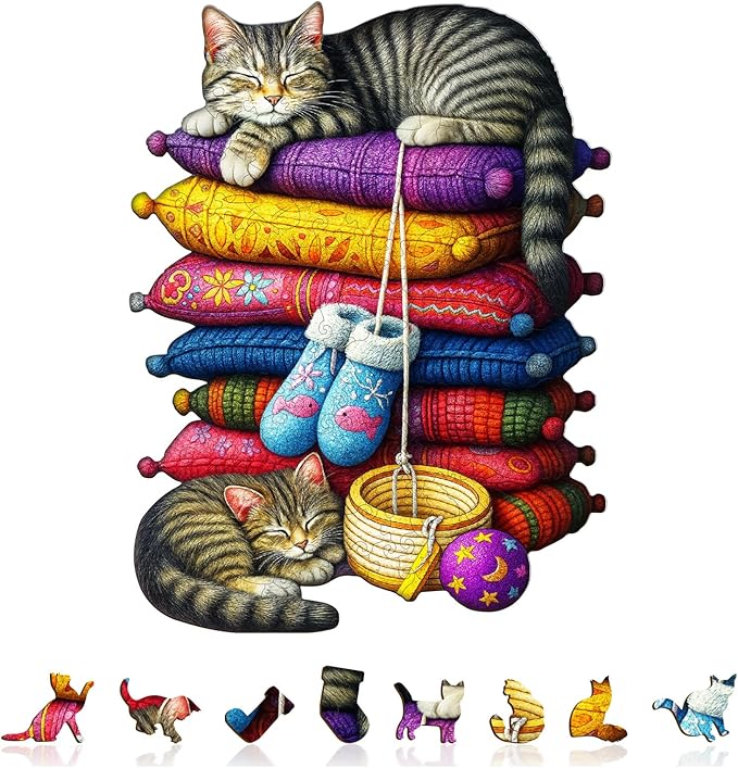 KAAYEE Wooden Puzzles for Adults, Pillow Kitten Puzzles, 80 Piece Unique Animal Shape Puzzle, Cat Wood Puzzle for Adults, Creative Gifts for Cat Lover/Friends/Family, Home Decor(8.5 * 6.5in)