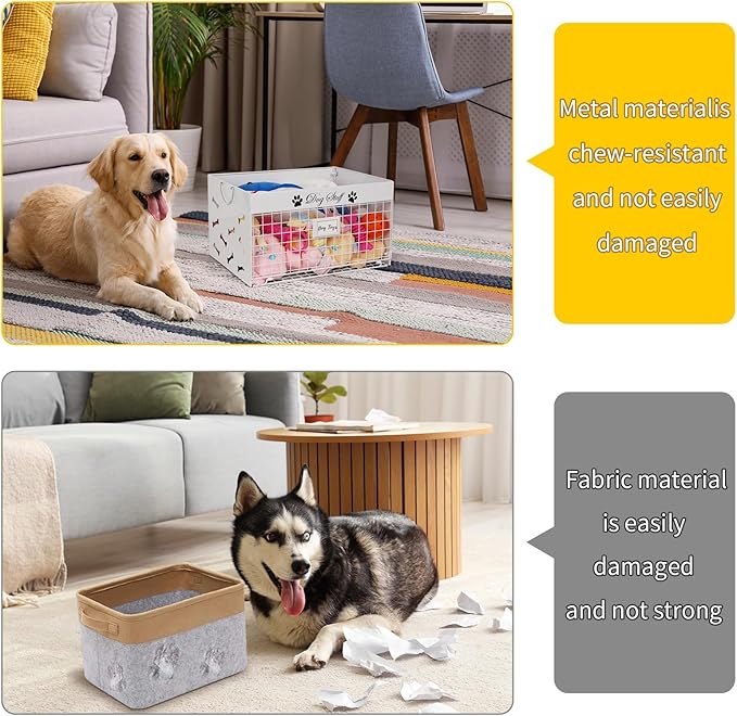 Dog Toy Basket - Large Dog Toy Box with Handles and Label Position Design for Living Room, Metal Dog Toy Bin Storage for Dogs Chew Pets Toys, Blankets, Clothes, Food (White)