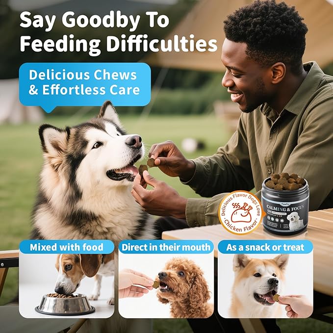 Calming Chews for Dogs – Calming Treats for Anxiety, Stress, Separation, Travel & Thunder, Non-Drowsy Alternative to Melatonin, Calm & Focus with Chamomile & Ashwagandha, Chicken Flavor, 90Ct