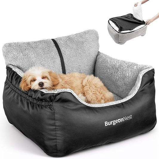 BurgeonNest Dog Car Seat for Small Dogs, Soft Pet Car Travel Home Bed Under 25 lbs, Fully Detachable and Washable Cat Booster Carseats with Storage Pockets and Clip-On Leash Portable Carrier,Black