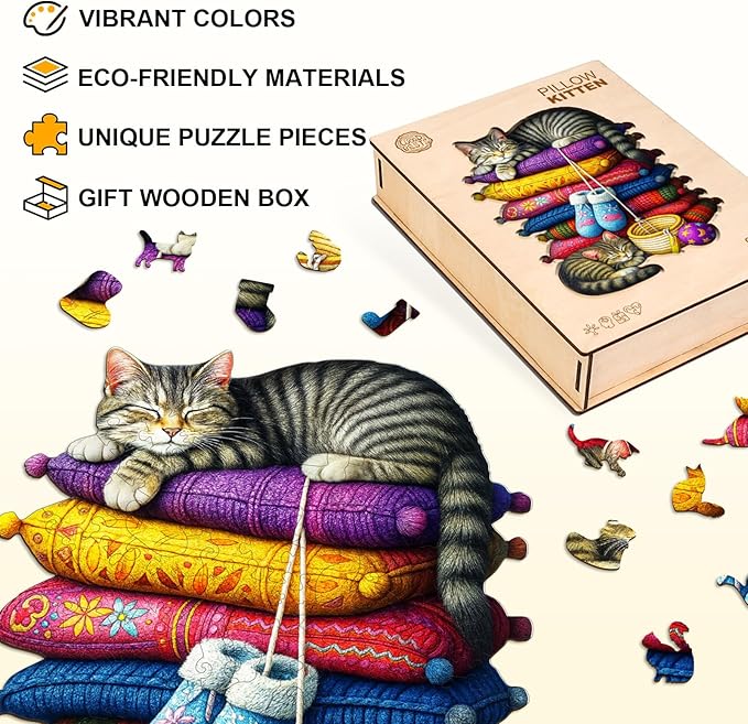 KAAYEE Wooden Puzzles for Adults, Pillow Kitten Puzzles, 210 Piece Unique Animal Shape Puzzle, Cat Wood Puzzle for Adults, Creative Gifts for Cat Lover/Friends/Family, Home Decor(13.4 * 10.2in)