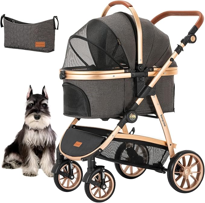 Kenyone Pet Stroller 3 in 1 for Medium Small Size Dogs Luxury Large Cat Stroller Detachable Carrier for Puppy, Kitty, Doggie (C510L Dark Gray)
