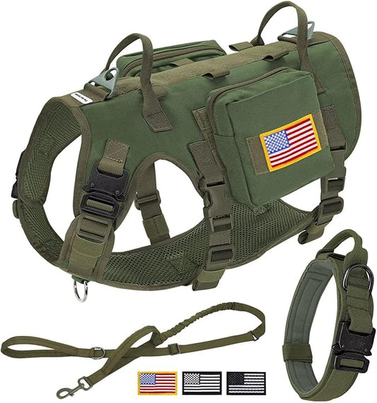 Forestpaw Tactical Dog Harness for Large Dogs,Tactical Dog Collar with Bungee Leash Set,No Pull Military Dog Harness for Walking Training,Adjustable for Medium Large Dogs,Green,Chest 19.5-41.5"