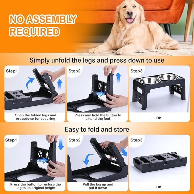 Elevated Dog Bowls, Raised Bowl with 2 Stainless Steel Food Bowls, Dog Bowls Stand Adjusts to 5 Heights 2.95", 8.46", 9.65", 10.82", 12.01" for Small Medium Large Cats Pets,Black