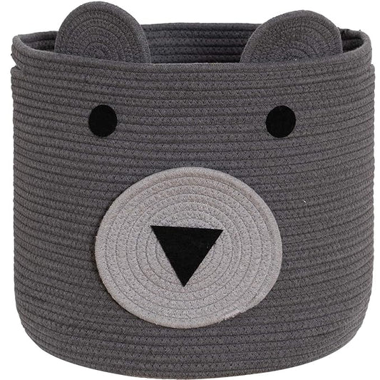 VK VK·LIVING Cotton Rope Bear Animal Basket Foldable Large Woven Storage Basket Baby Nursery Cute Laundry Hamper for Toys, Blanket, Clothes in Bedroom Living Room Toy Box for Baby 14x14 Grey