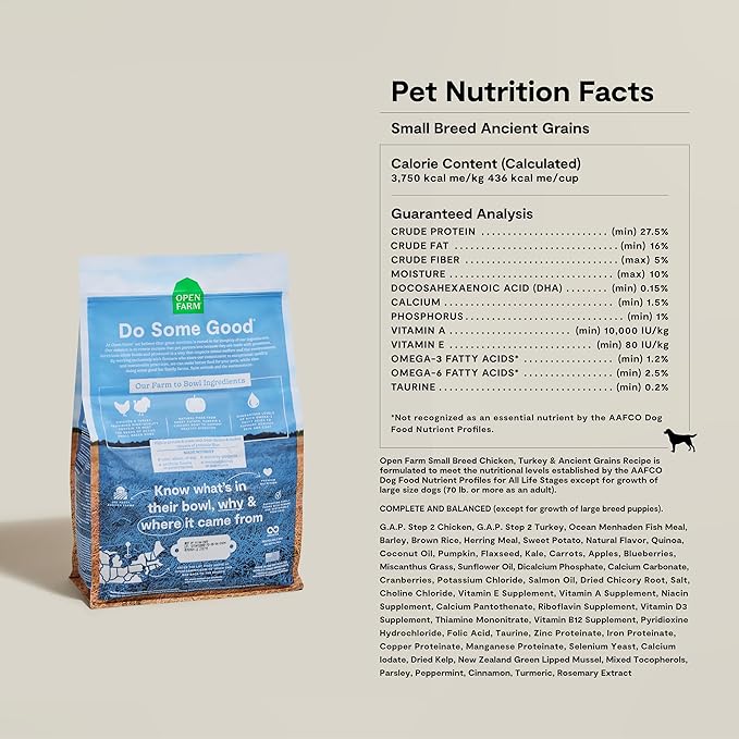 Open Farm, Ancient Grains Dry Dog Food For Small Breeds, Protein-Rich & Nutrient Dense, 90% Animal Protein With Non-GMO Fruits, Veggies and Superfoods, Chicken & Turkey Recipe For Small Dogs, 11lb Bag