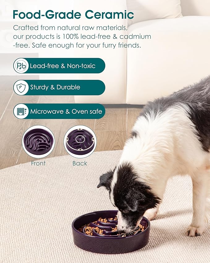 vancasso Slow Feeder Dog Bowl, 3 Cup Ceramic Slow Feeding Food Dish for Large Breed, Puzzle Dog Food Bowl for Fast Eater, Dark Purple