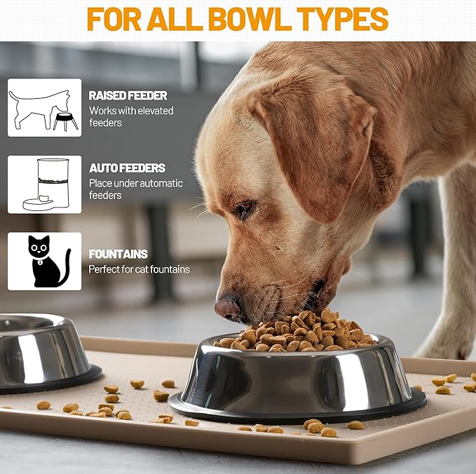 Hubulk Dog Feeding Mat,100% Waterproof Food Grade Silicone Pet Food and Water Bowl Placemat,Dishwasher, High Raised Edge to Prevent Spills,Nonslip Tray to Stop Messes on Floor（24"x16"x0.5", Taupe）