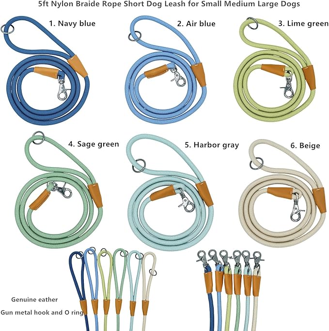 5FT Nylon Rope Dog Leash, Short Leash for Training Small Medium Large Dogs (Sage Green, 5FTx10MM)