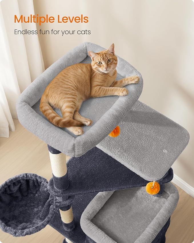 Feandrea Tall Cat Tree Tower, Multiple-Level Cat Condo with 2 Caves, 3 Scratching Posts, 3 Perches, Dark Gray UPCT007G02