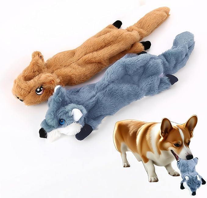 Squeaky Plush Squirrel Dog Toys, No-Stuffing Design, Set of 2, Blue and Yellow, for Small & Medium Dogs