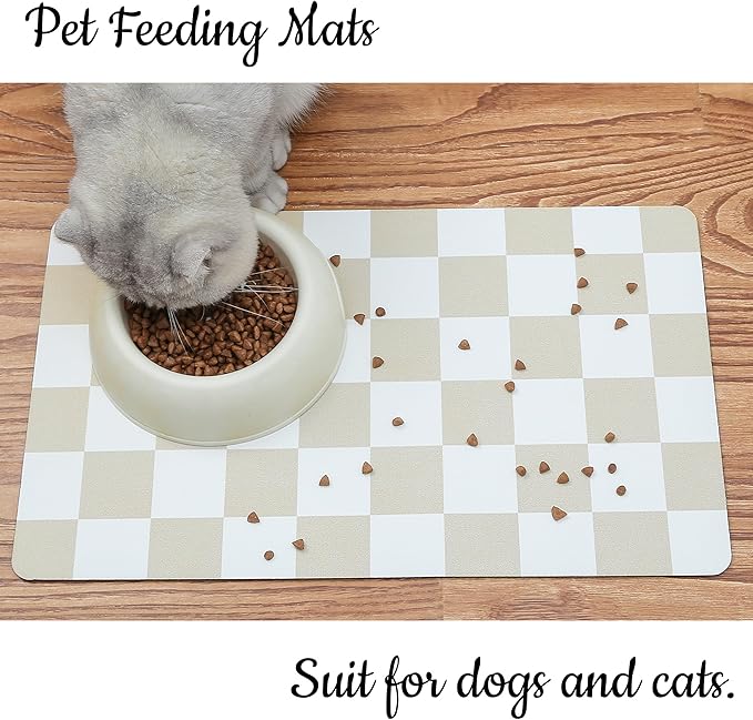 Ralxion Checkered Dog Feeding Mat, Absorbent Mats for Dog Food and Water Bowl, Dispenser, Retro Aesthetic Beige Khaiki Checkerboard Pet Placemat for Dogs, Cats, Puppy Accessories, 16" X 24”