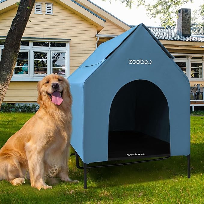 48" XL Outdoor Dog House – Weatherproof Elevated Pet Shelter, Breathable Mesh & Steel Frame, Easy to Assemble & Clean, Large Dog Houses for All Seasons (Blue)
