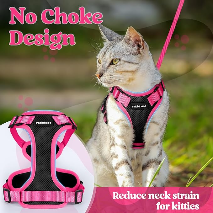 rabbitgoo Cat Harness and Leash Set, Escape Proof Soft Adjustable Vest Harnesses for Outdoor Walking, Easy Control Breathable Kitten Jacket with Reflective Strips, Black & Rose Pink, XXS