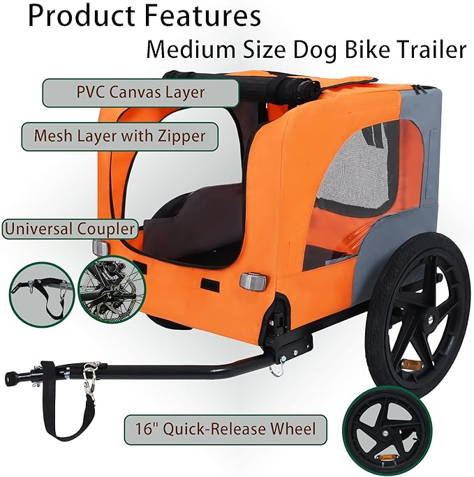 Collapsible Dog Bike Trailer for Small & Medium Pets - 16" All-Terrain Wheels, Universal Hitch, Quick Release & Non-Slip Floor - Internal Leash, Bicycle Accessories