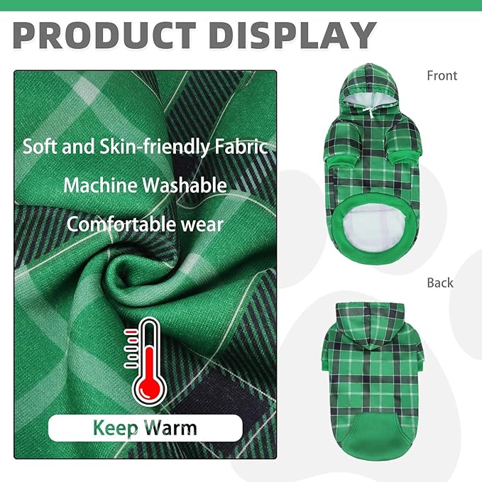 KOOLTAIL Plaid Dog Hoodie for Small Medium Large Dogs - Pet Clothes Sweater with Hat and Pocket for Cold Weather Winter, Warm Soft Dog Hooded Sweatshirt Coat Outfit for Puppy Cats Girls Boys Green XS