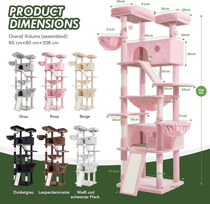 MUTICOR 81 inches Multi-Level Tall Cat Tree Tower for Indoor Kitties/Large Climbing Tree House for Big Feline/Condo/Sisal Scratching Posts/Plush Perches Platforms/Basket Hammock/Pink