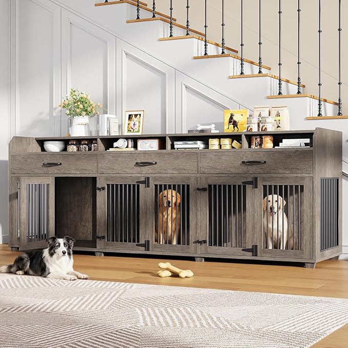 AMERLIFE 95" Large Dog Crate Furniture with Storage, 3-Room Indoor Wooden Dog Kennel for Large/Medium Dogs, TV Stand & Sideboard with Drawers & Removable Divider, Grey